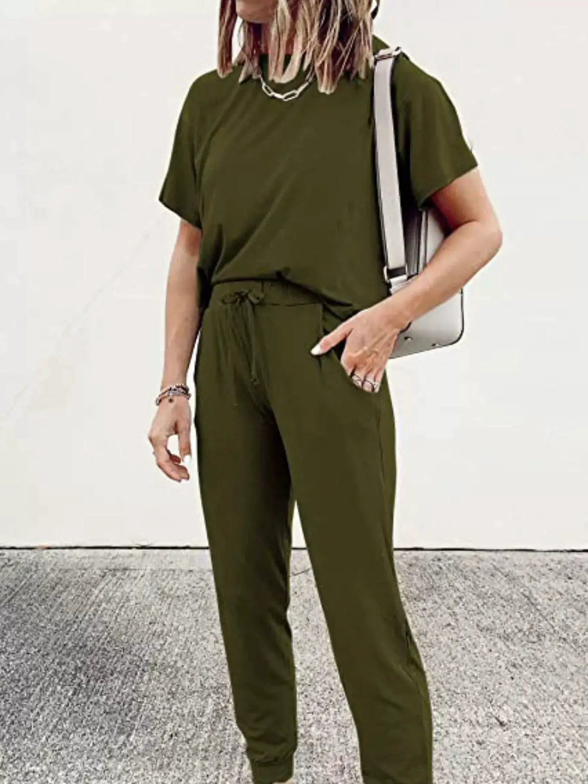 Full-size olive green round-neck top and drawstring pants set, plus size, 2-piece