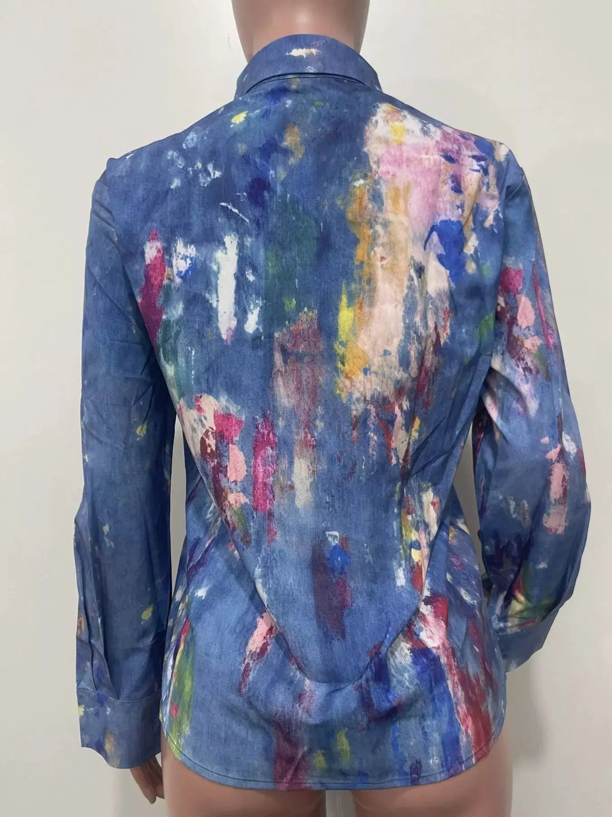 Women's hand-painted denim shirt long sleeve with colorful brushstroke paint splatters.