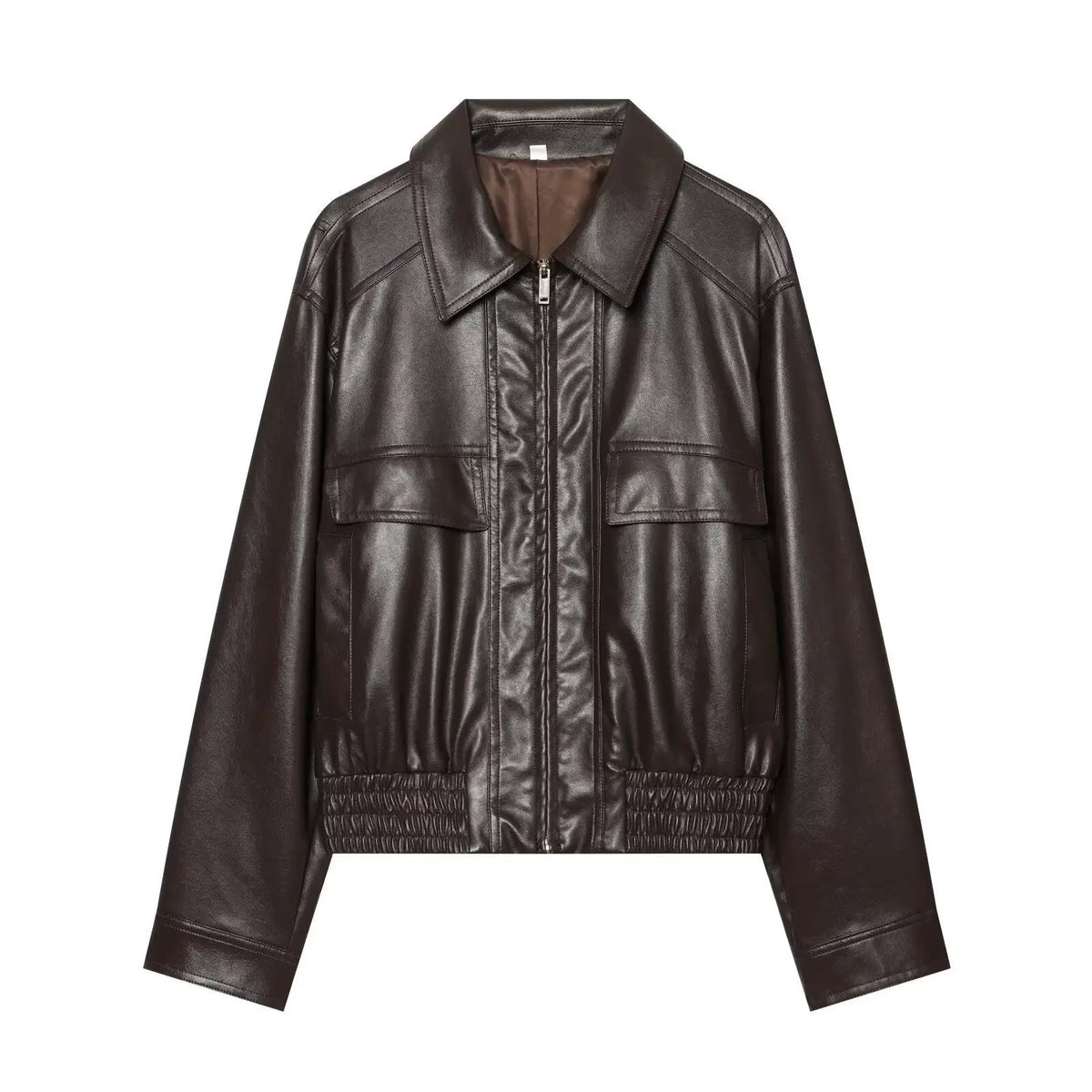 Women's dark brown faux leather jacket with front zipper, corridor-style silhouette, by eprolo
