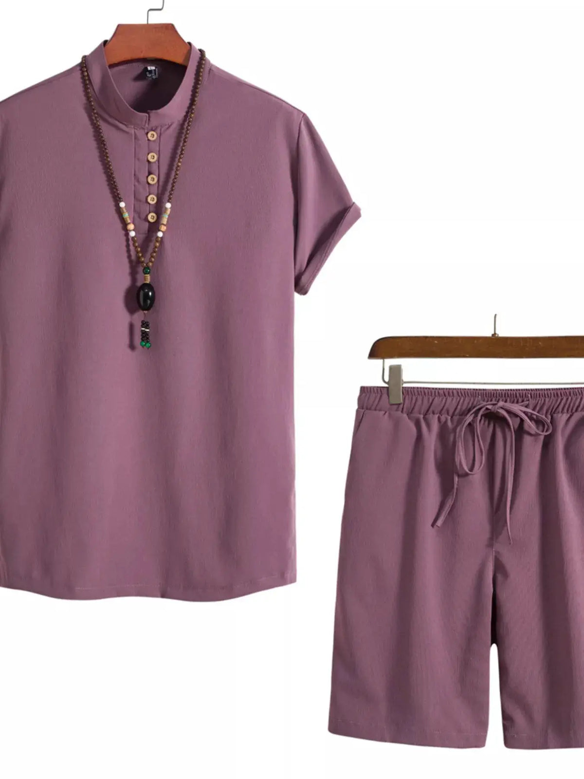 Men's plus-size mauve mandarin-collar short-sleeve shirt and shorts set, two-piece