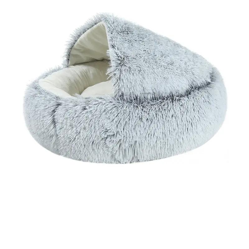 Cat bed by AdTec: crystal velvet warm round fluffy light gray with beige interior