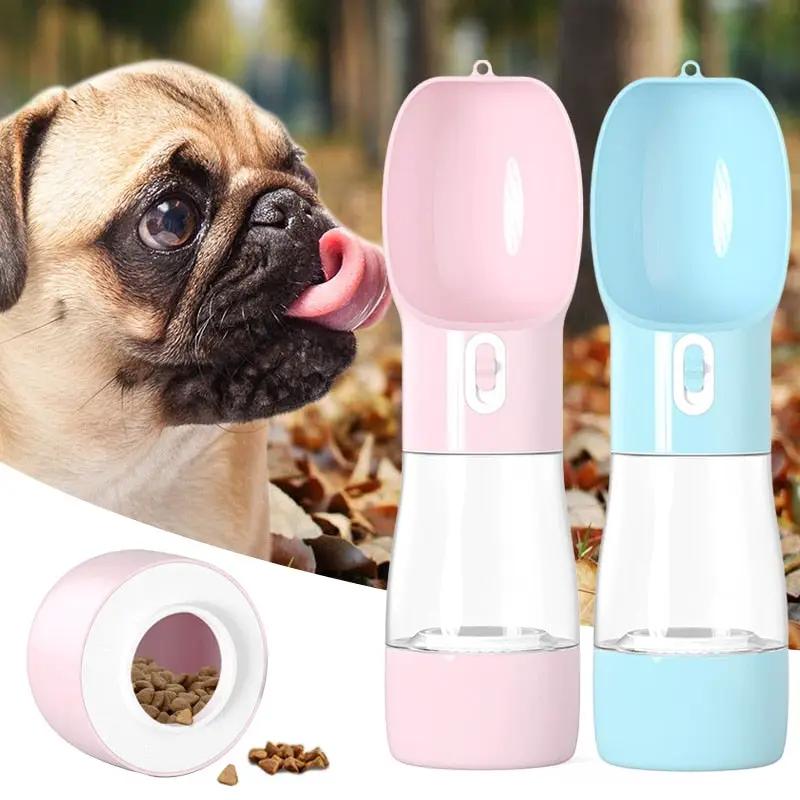 Traveling Out portable dog water dispenser pair by AdTec in pink and blue, spill-proof lids for travel and outdoors