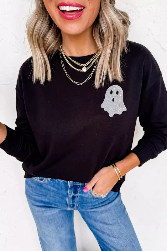 Round-neck black long-sleeve T-shirt with glitter ghost print, regular fit.
