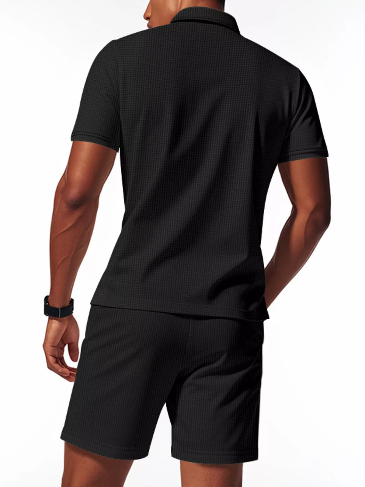 Trendsi men's plus-size black textured 2-piece polo shirt and shorts set, back view on model standing pose.