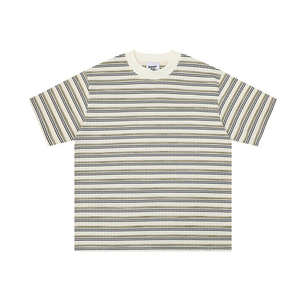 Striped short-sleeve T-shirt from eprolo, beige with navy horizontal stripes, crew neck.