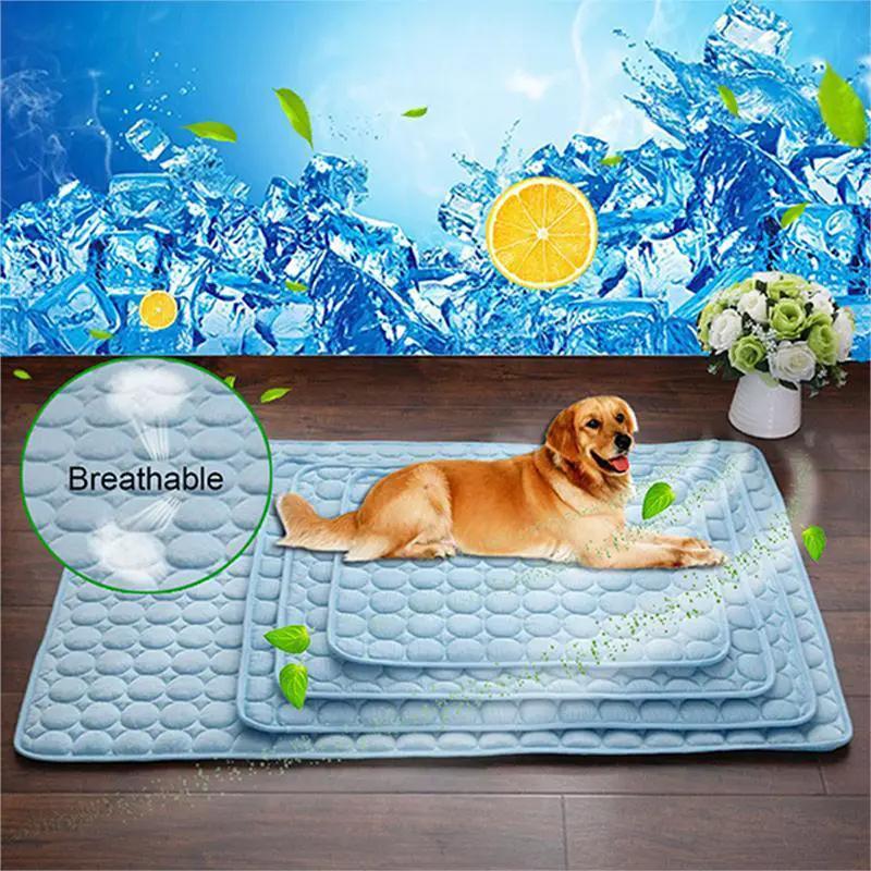 Pet cooling pad set in blue ice-silk; breathable, quilted mats for dogs and cats
