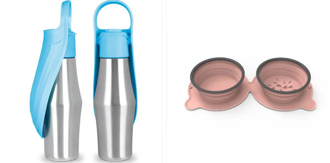 Portable dog water bottle with blue silicone wrap and pink collapsible bowls, 2 bottles and bowl pair