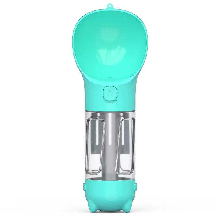 3-in-1 turquoise pet water bottle with feeder bowl and bag storage, portable outdoor dog travel.