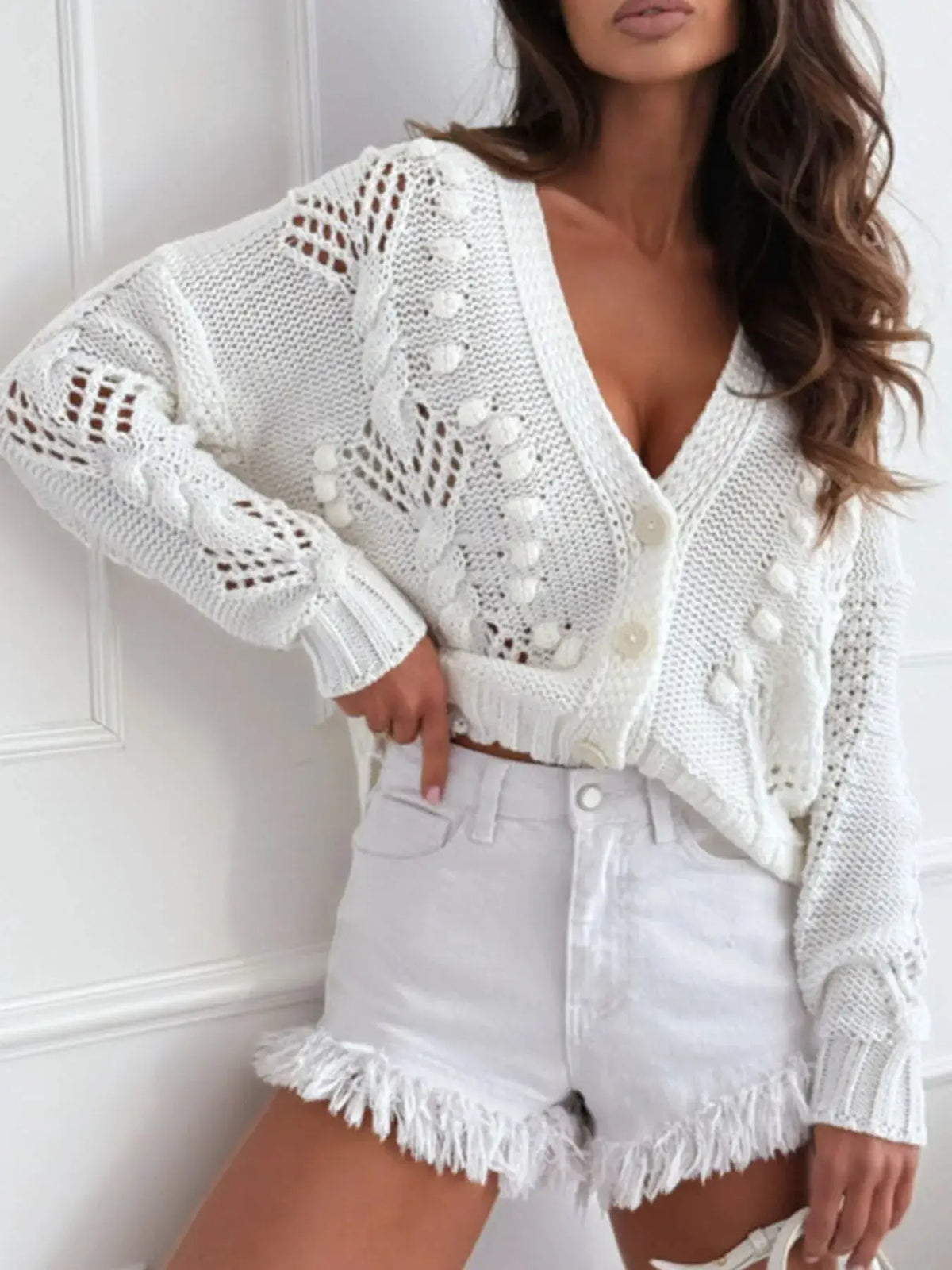 Button Up V-Neck Openwork Knit Cardigan in white; 100% polyester fabric
