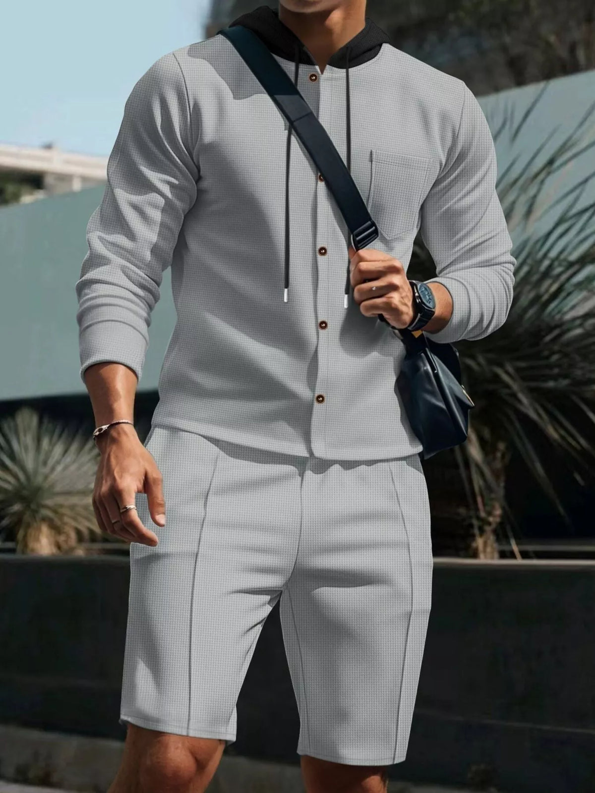 Men's 2-piece casual hooded button-up top and shorts set in light gray by Trendsi