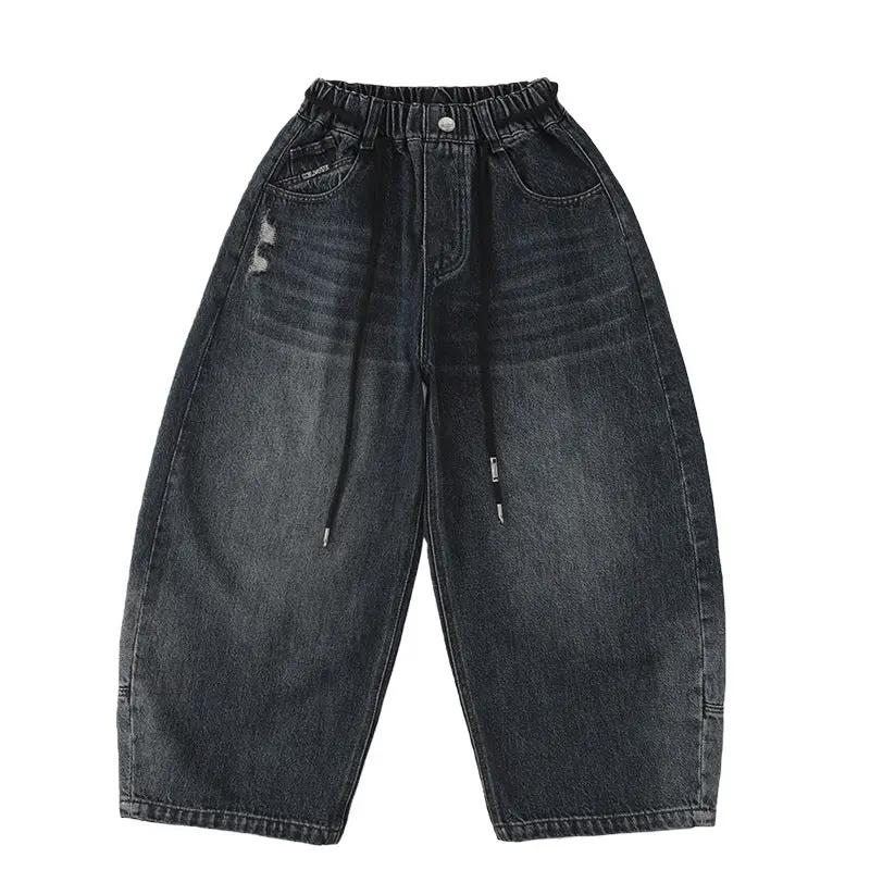 Trendy Boys Straight Wide-Leg Denim Jeans, dark wash with distressed detailing
