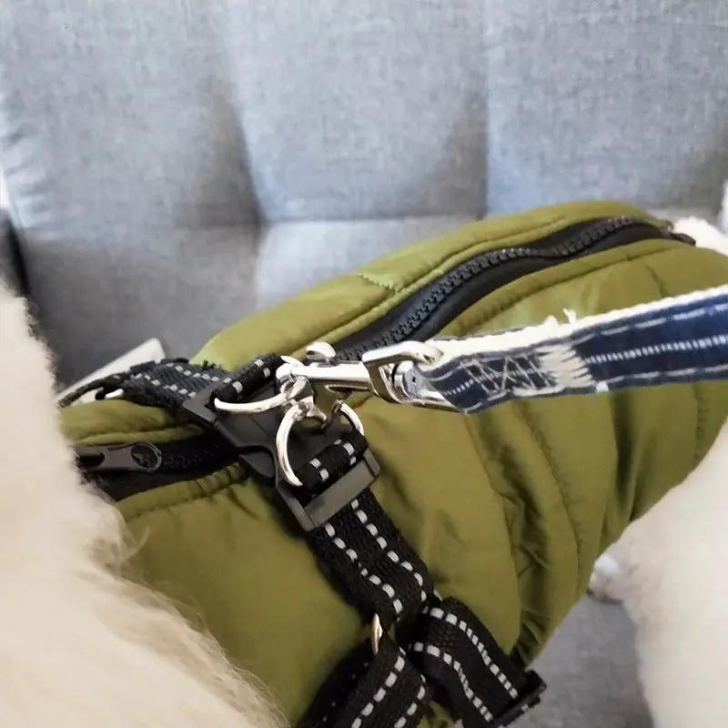 Waterproof dog coat with harness in olive green, quilted design