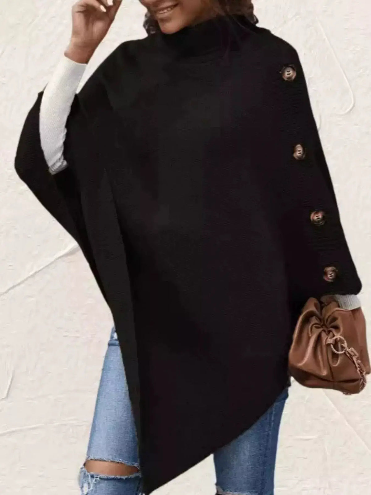 Trendsi black button-turtleneck poncho pullover with adjustable windproof stretchy fit