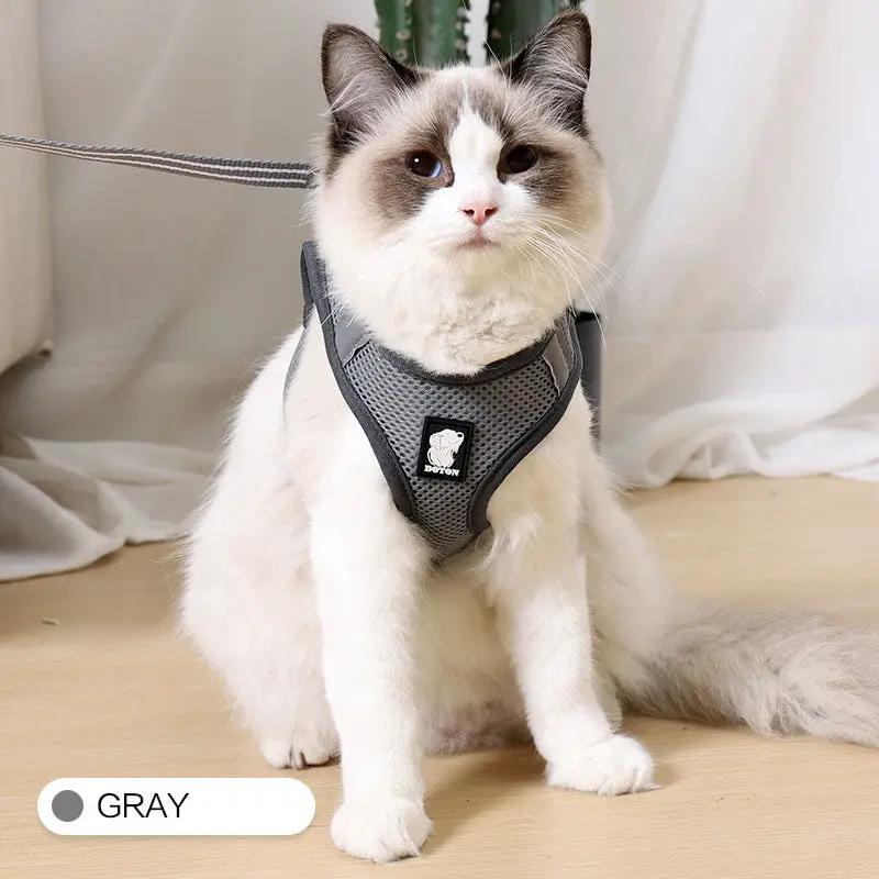Anti-strike cat harness by AdTec in gray mesh on a seated white cat