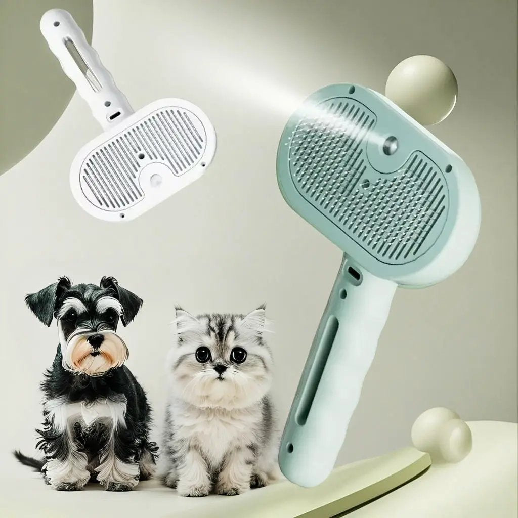 AdTec pet grooming spray hair comb and cleaning brush; mint-green handheld unit, two pets shown
