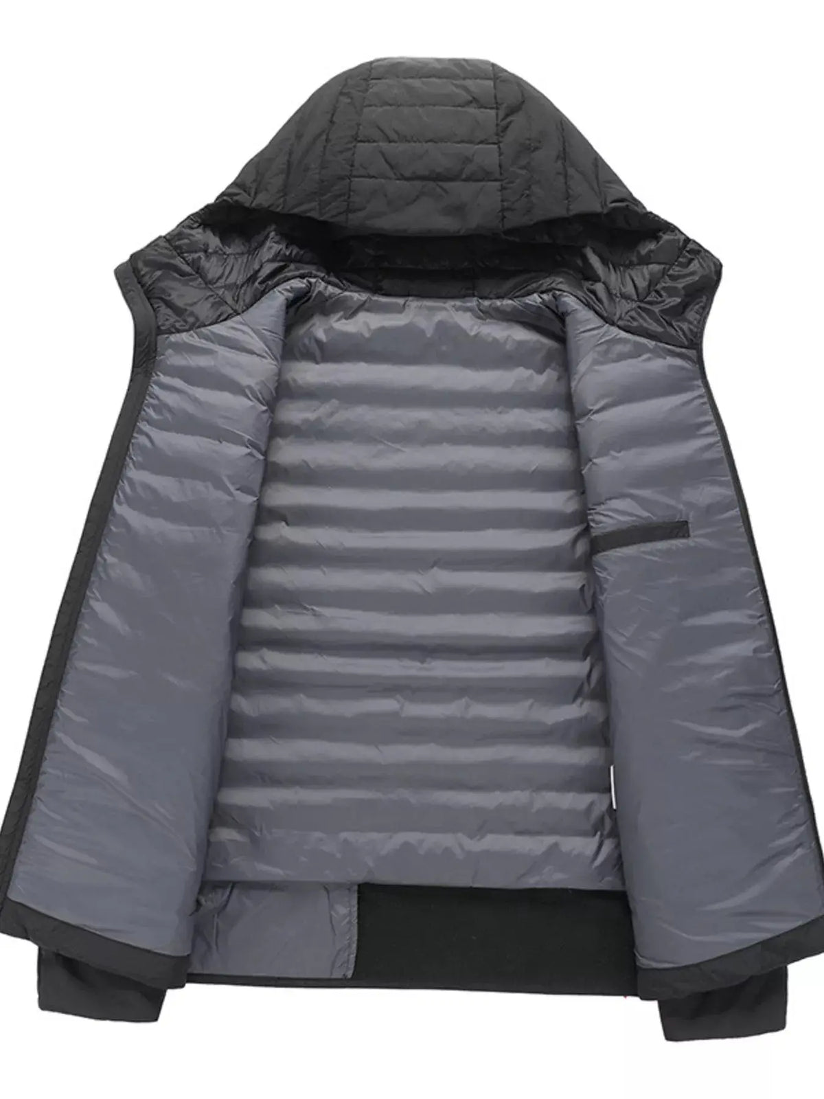 Men's Plus-Size Lightweight Hooded Puffer Jacket, gray quilted interior with black hood