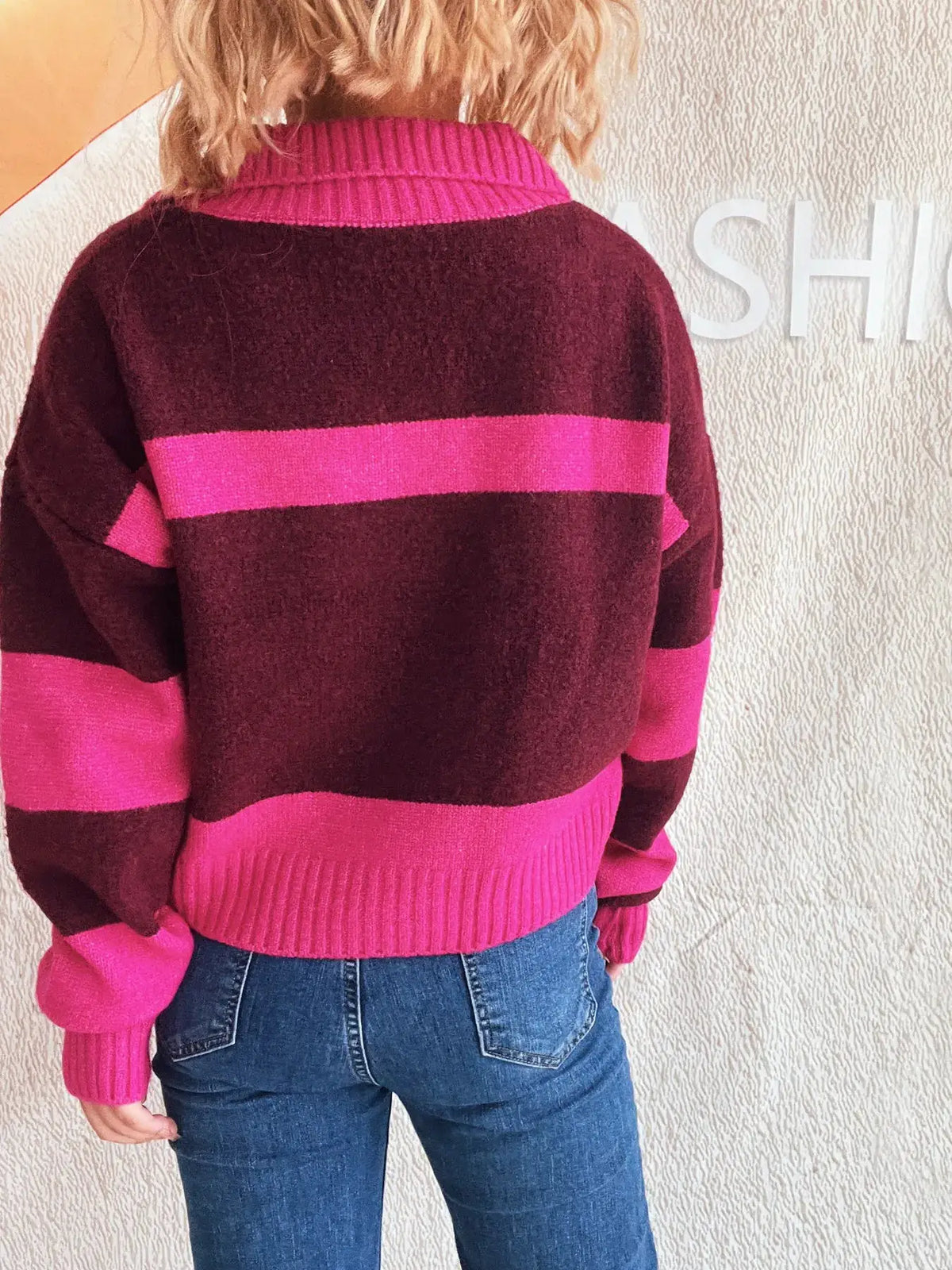 Color Block Long Sleeve Sweater in burgundy and hot pink; soft stretch polyester blend, ribbed collar