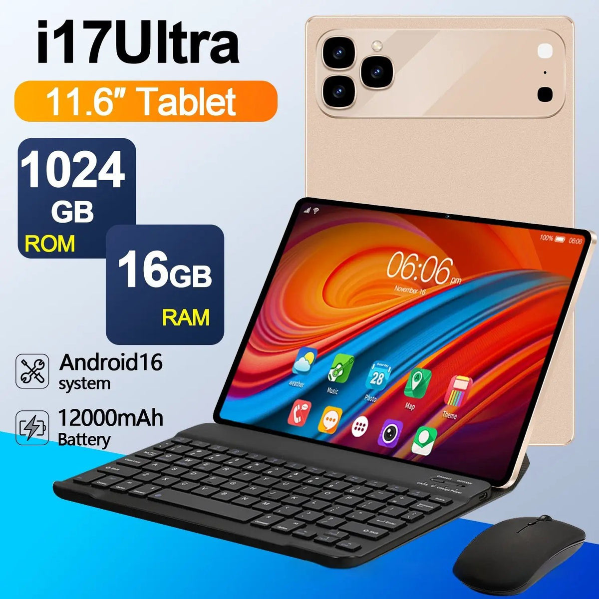 AdTec i17Ultra 11.6-inch tablet with keyboard and mouse in gold (3-piece bundle)