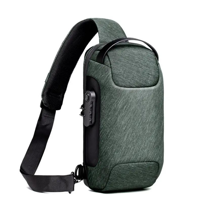 AdTec Anti Theft Oxford Chest Bag in green with padded laptop sleeve and zippered pockets, crossbody strap.