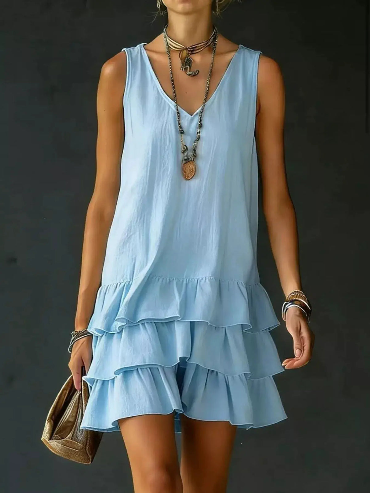 Full Size Ruffled Hem V-Neck Sleeveless Dress Plus Size in light blue with layered ruffles