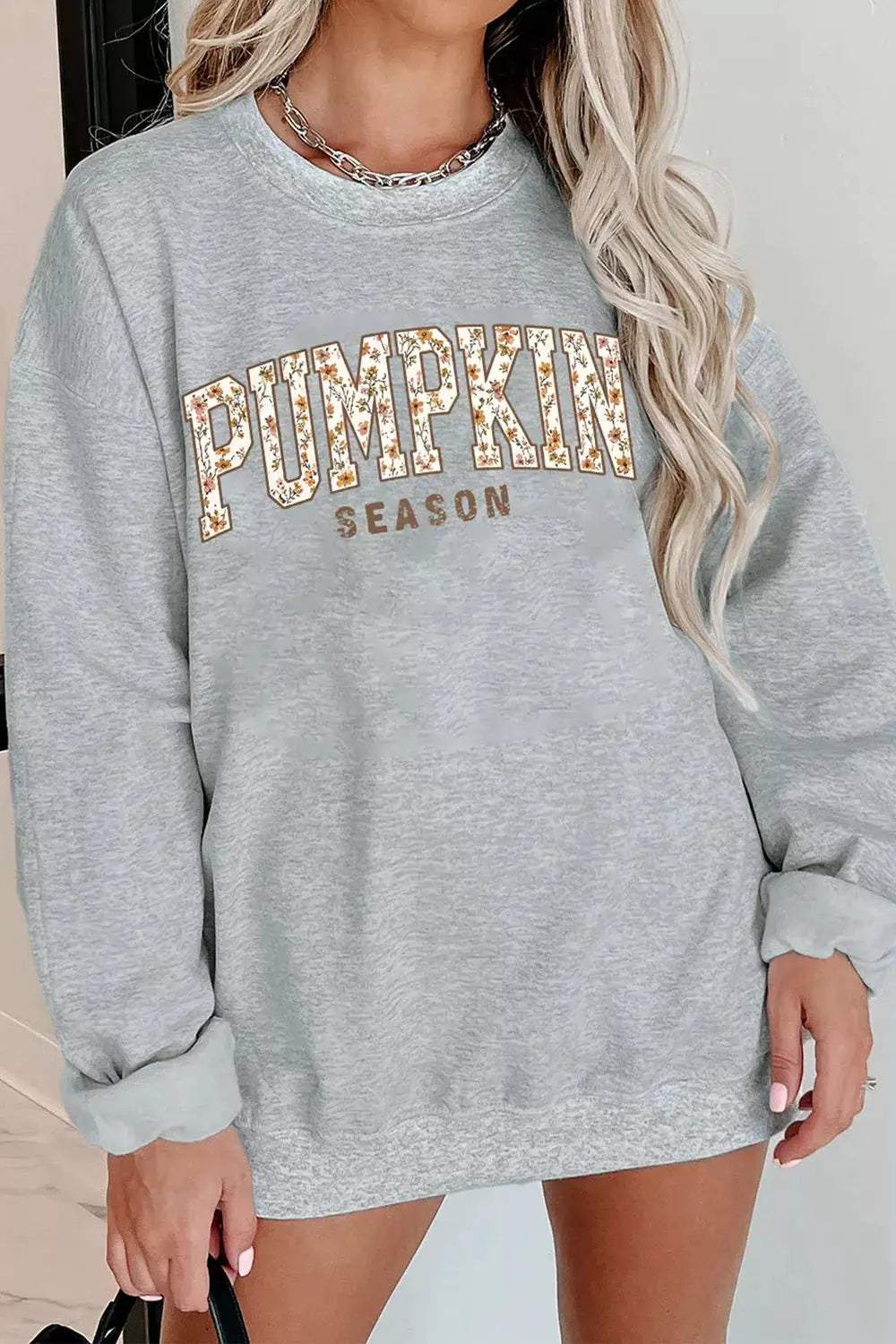 PUMPKIN SEASON oversized gray pullover sweatshirt with floral-print lettering