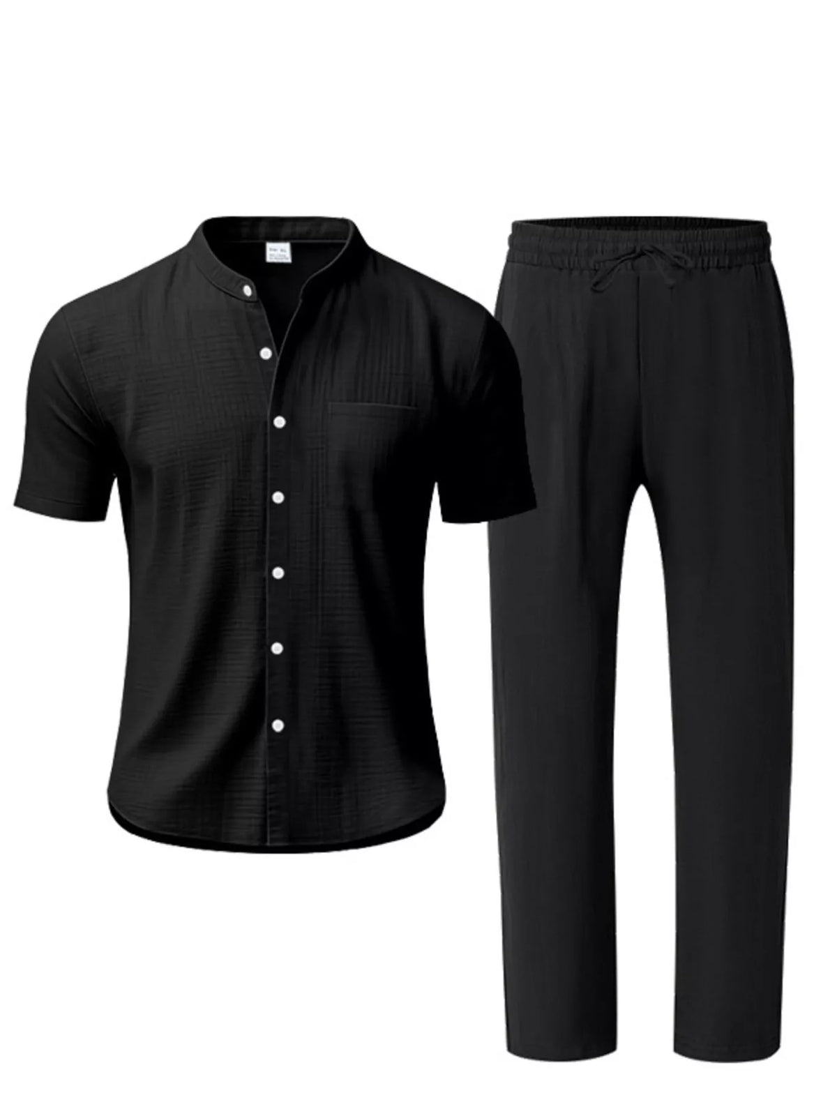 Men's plus-size black two-piece casual shirt and pants set, short-sleeve button-up top with drawstring pants