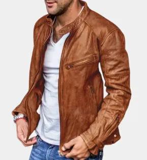 Mens Punk biker brown leather jacket by AdTec with stand-up collar and zip placket