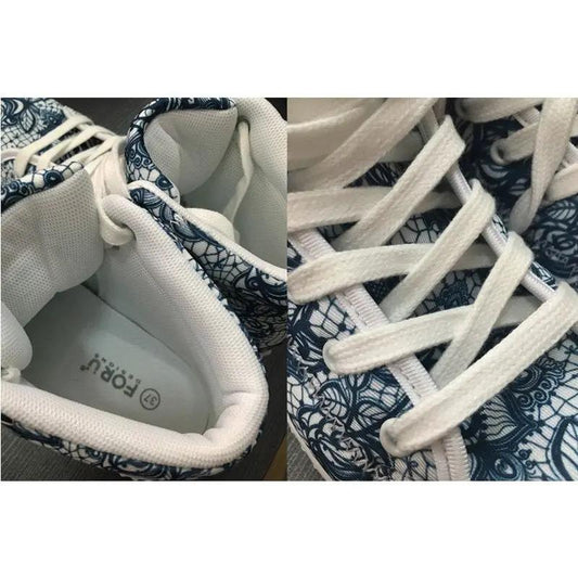 Women's high-top sneakers with white laces and blue lace-pattern fabric