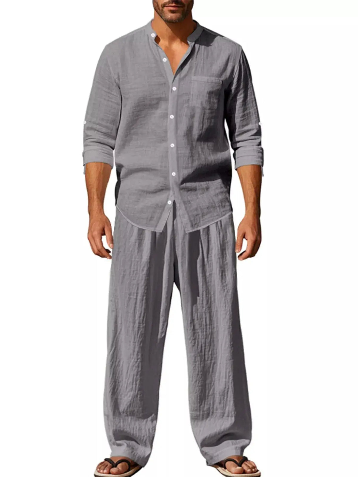 Men's casual linen-blend shirt and pants set in gray by Trendsi