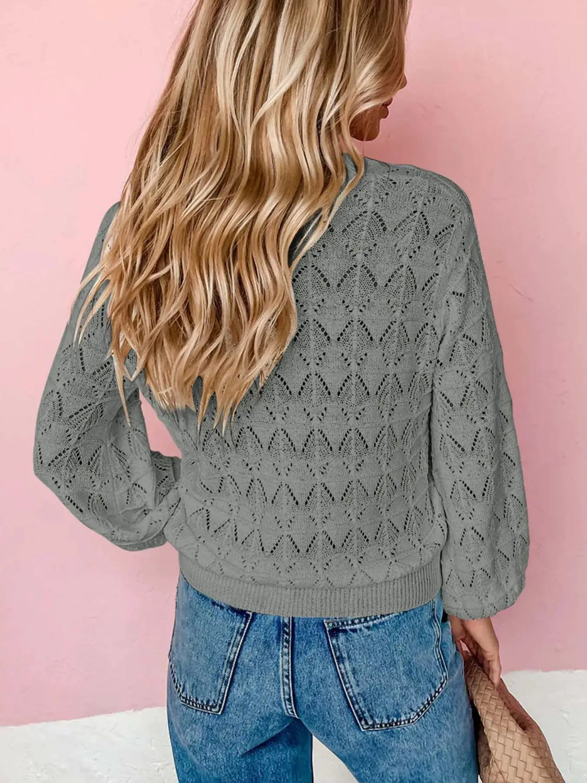Button Front Openwork Cardigan in gray with textured stretch knit detail, back view