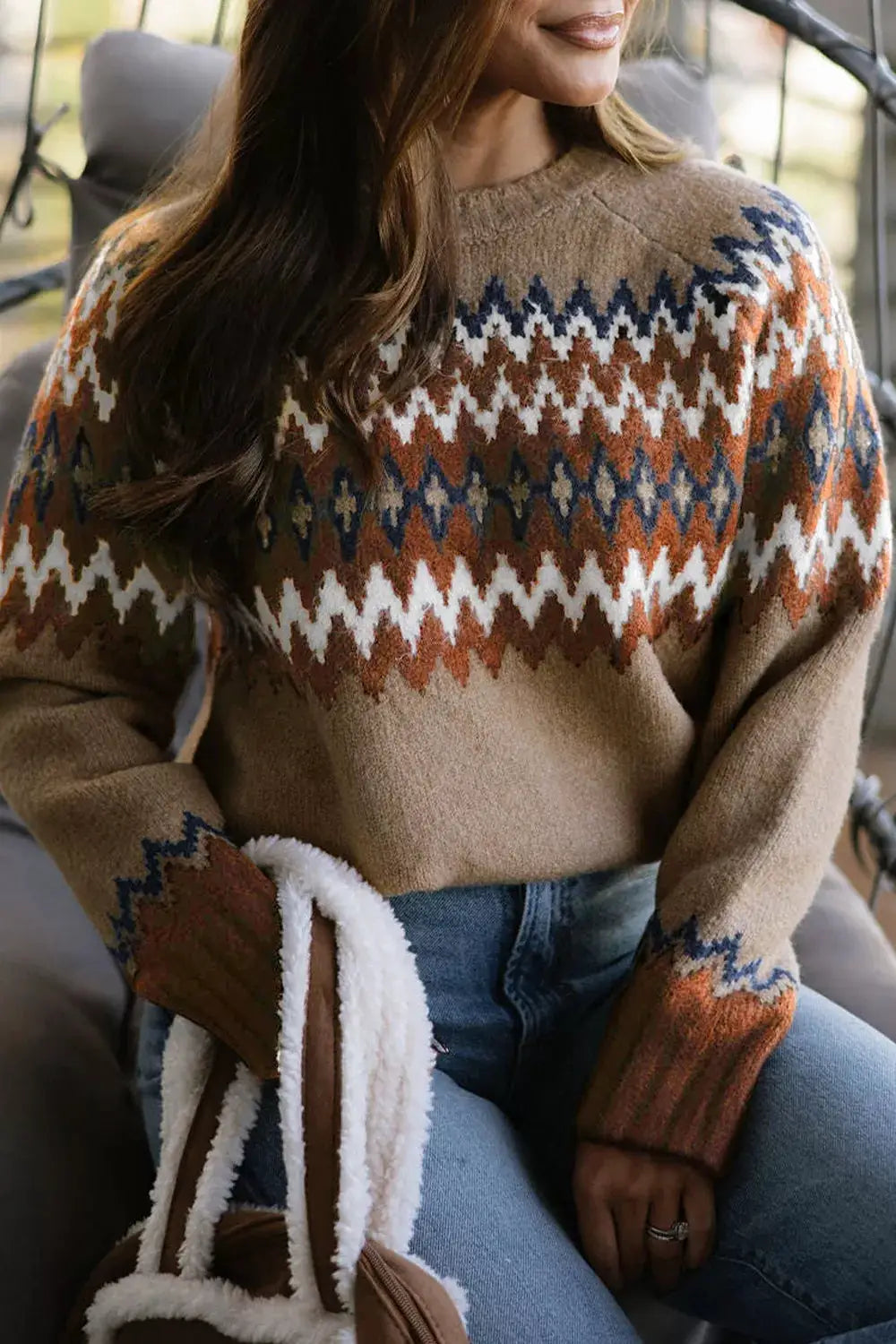 Geometric Pattern Long Sleeve Sweater by Trendsi in camel with orange, navy blue, and white zigzag motif.