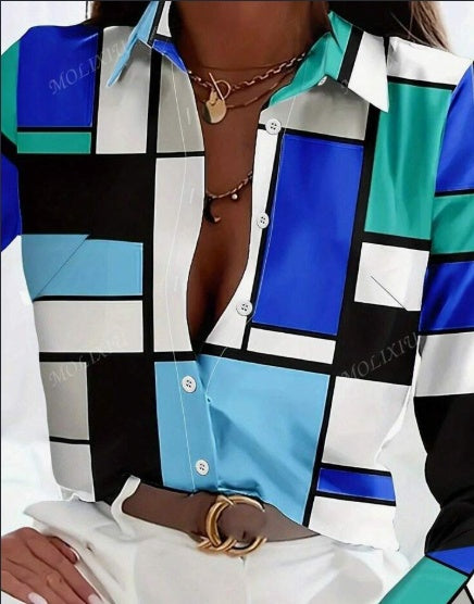Camisa informal a cuadros holgada de manga larga de primavera-verano para mujer