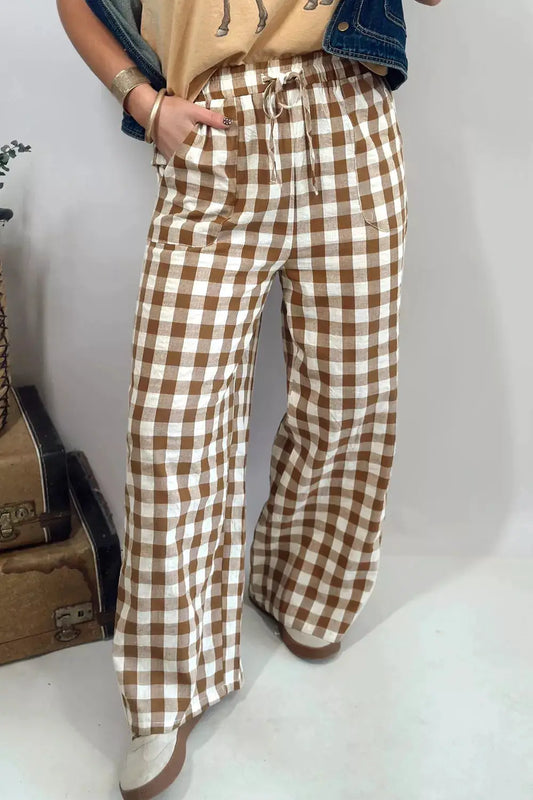 Gingham plaid tie-waist pants, brown and white, elastic drawstring waist, Trendsi trousers