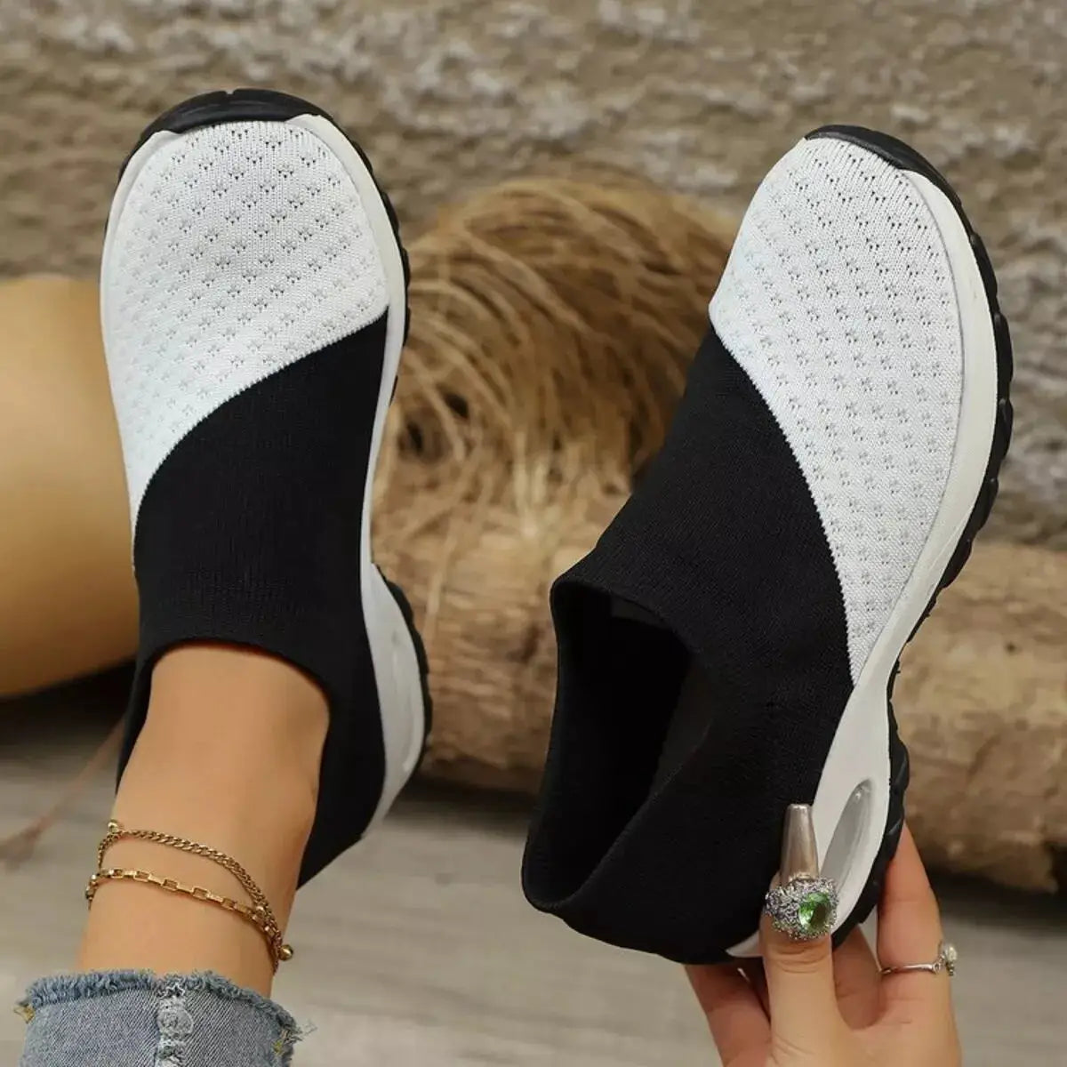 Color Block Mesh Athletic Shoes by Trendsi, white mesh uppers with black sock-style sides