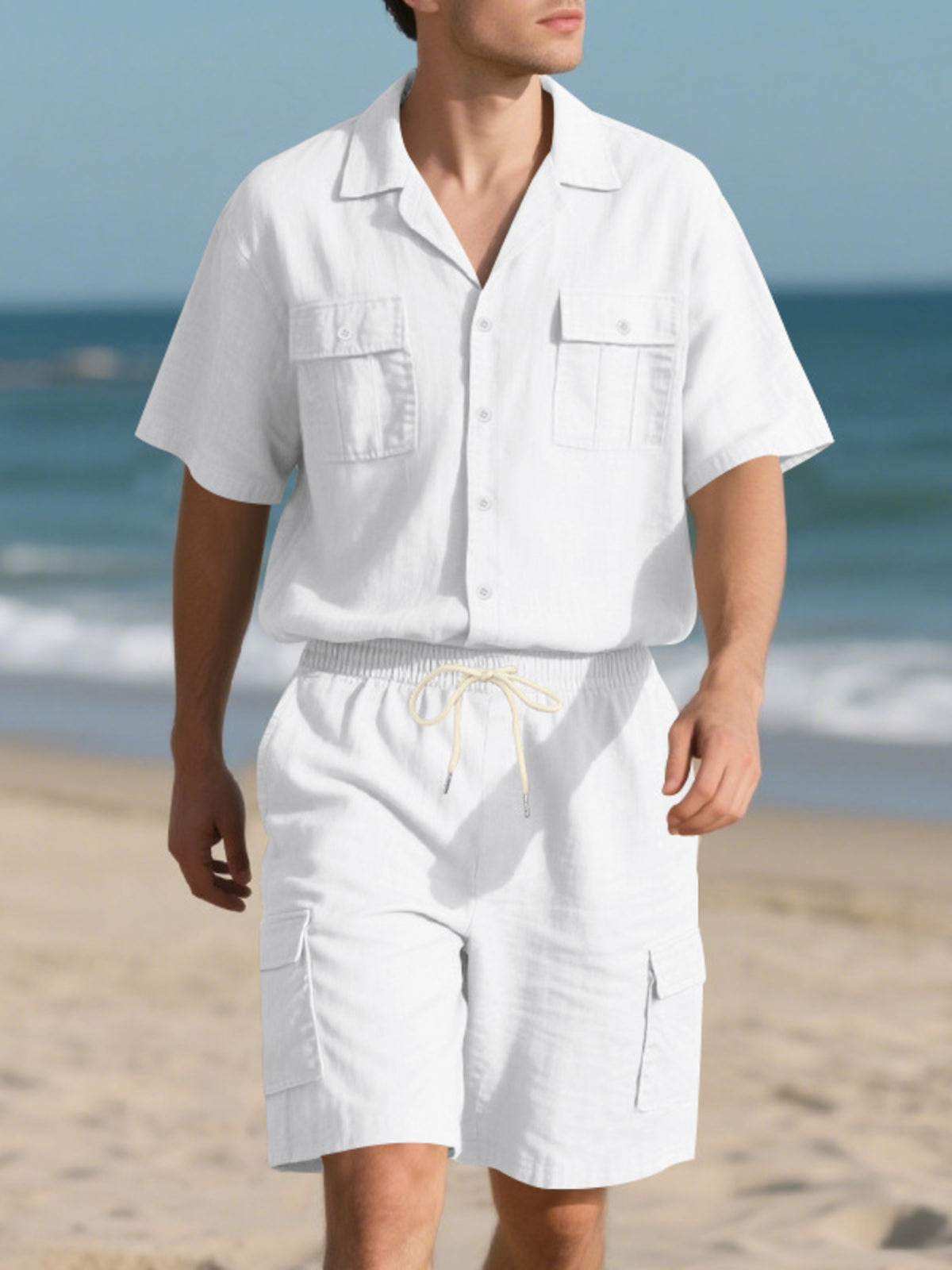 Trendsi men's full-size white button-up shirt and shorts set with chest pockets and drawstring waist