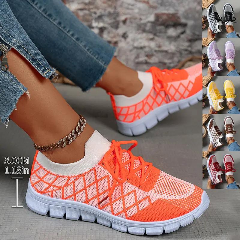 AdTec women's colorblock plaid knit lace-up sneakers with breathable flyknit mesh in orange and white