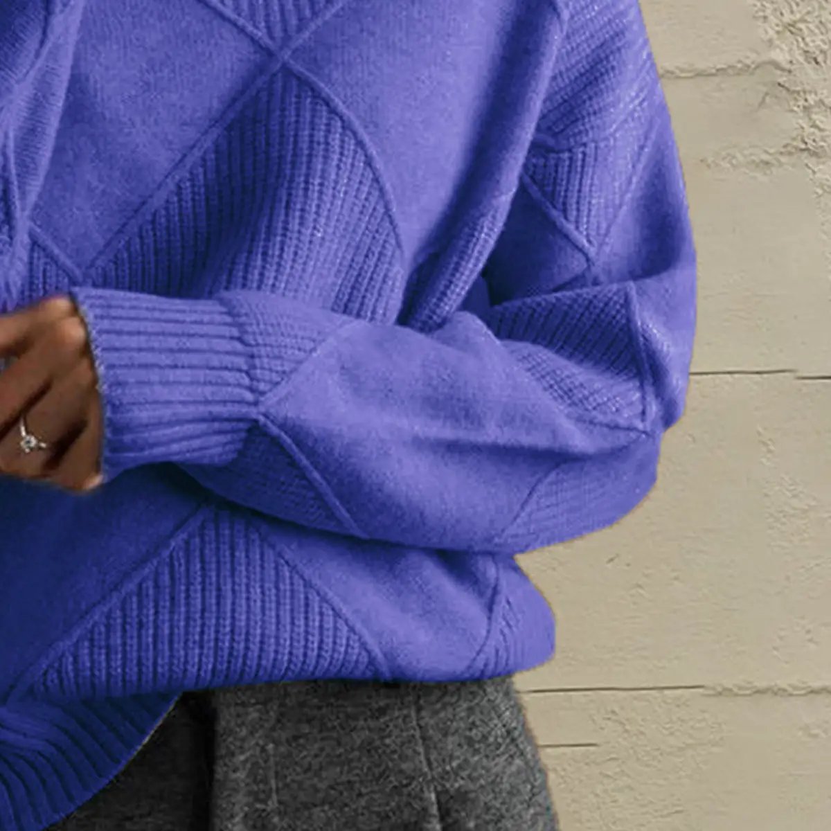 Geometric-knit long-sleeve sweater in purple with stretch knit fabric