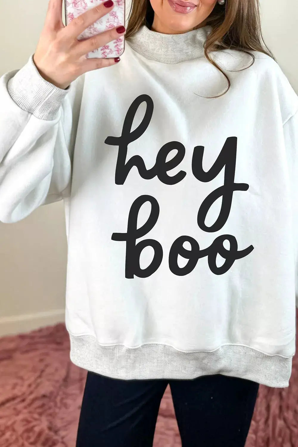 Reversible Halloween Graphic Mock-Neck Tunic Sweatshirt in white with black hey boo script.