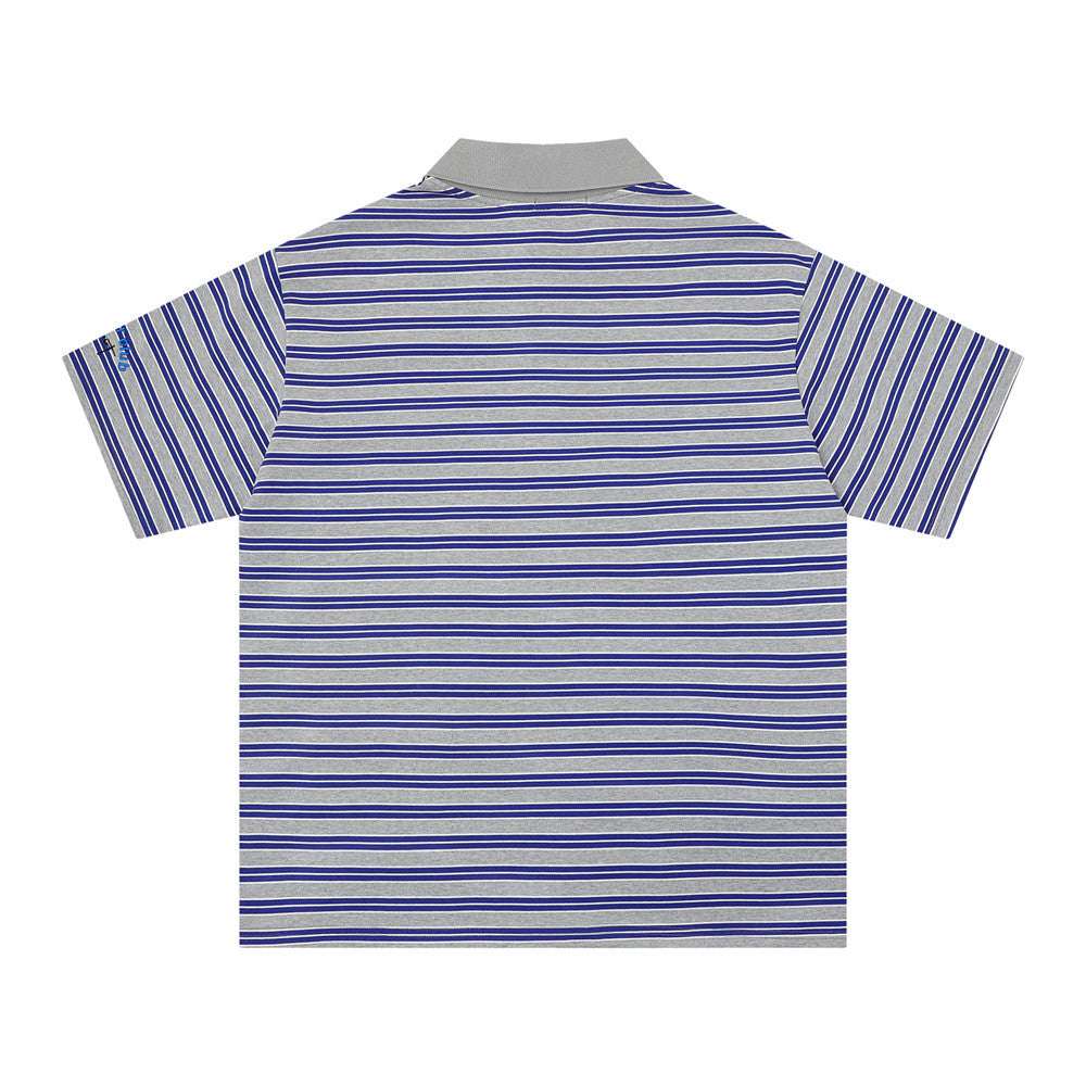 Striped short-sleeved polo shirt by eprolo in blue and gray with a gray collar.