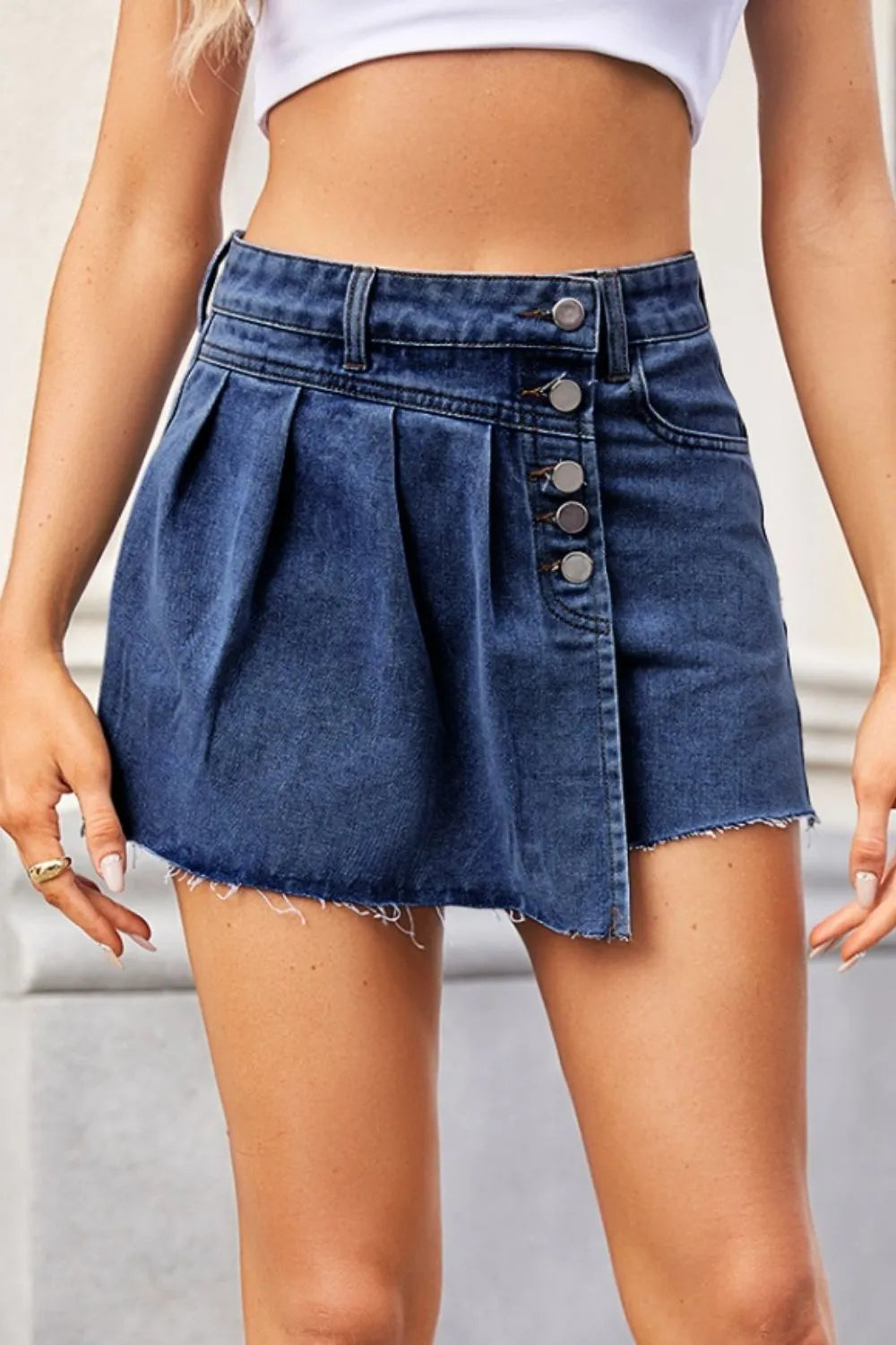 Raw Hem Denim Skort by eprolo, blue denim with front button placket and pleats