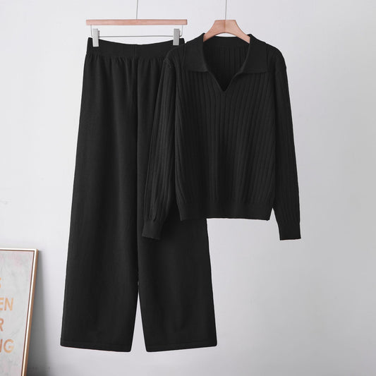 Matching polo-neck sweater set for women in black, soft knit two-piece outfit by eprolo