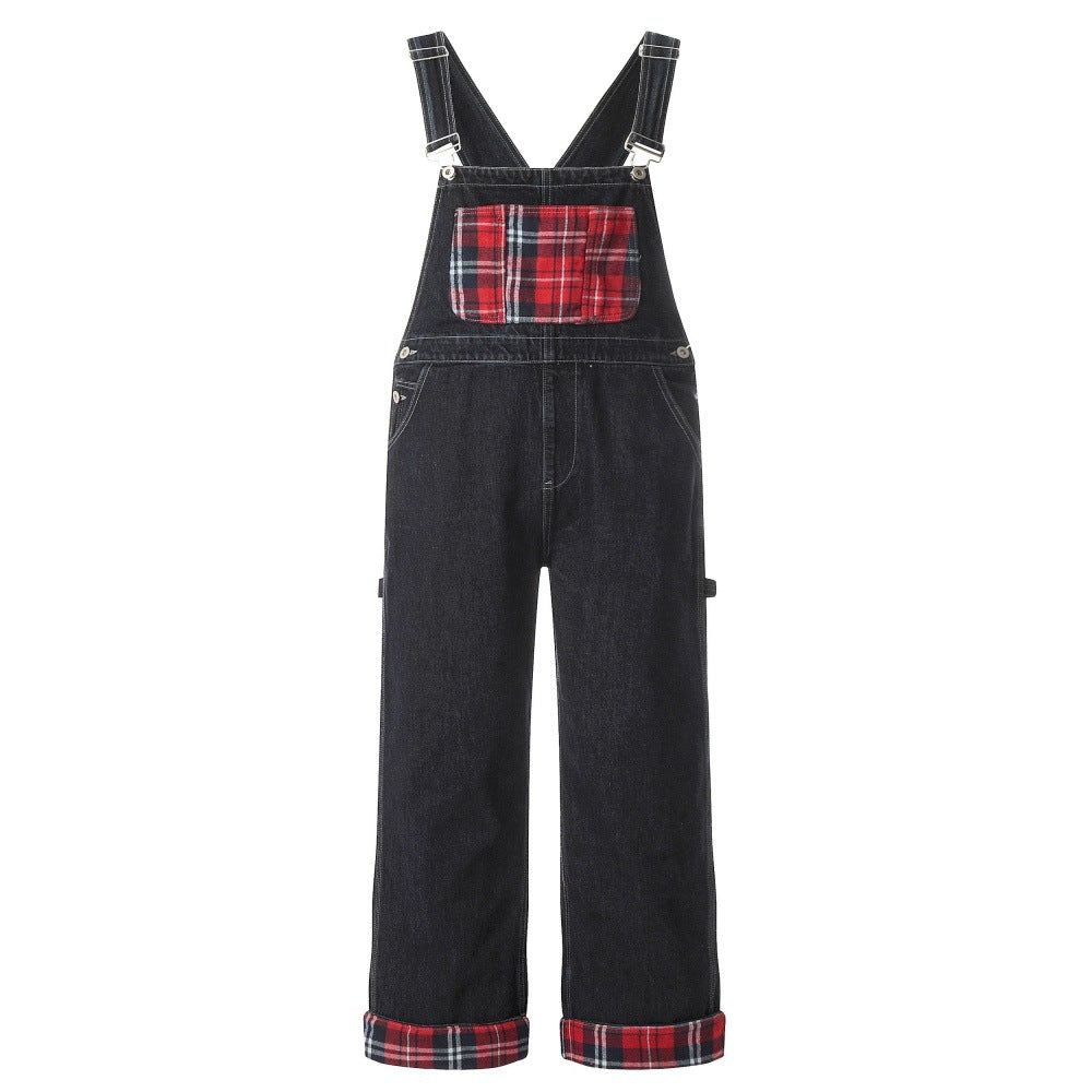 Color blocking checkered denim overalls with red plaid chest pocket and rolled cuffs