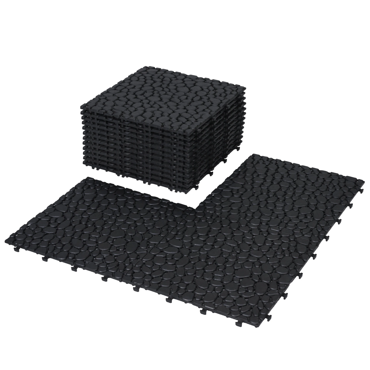12 x 12 inch black interlocking deck tiles, plastic waterproofing, pebble pattern, pack of 12 by eprolo