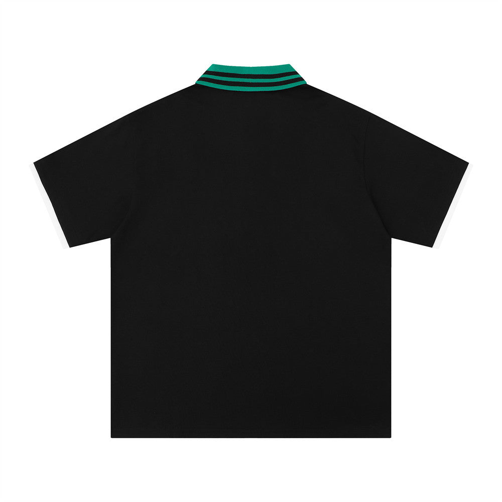 Color blocked lapel short sleeve T-shirt by eprolo, black with teal striped collar and white-trim sleeves