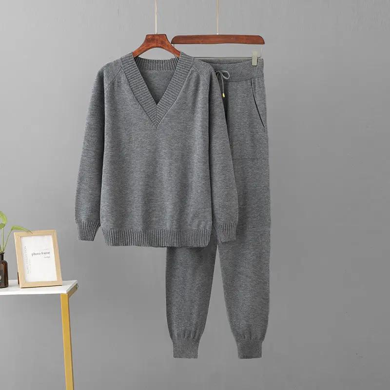 eprolo gray V-neck knit sweater and pants set, 2-piece breathable knitwear.