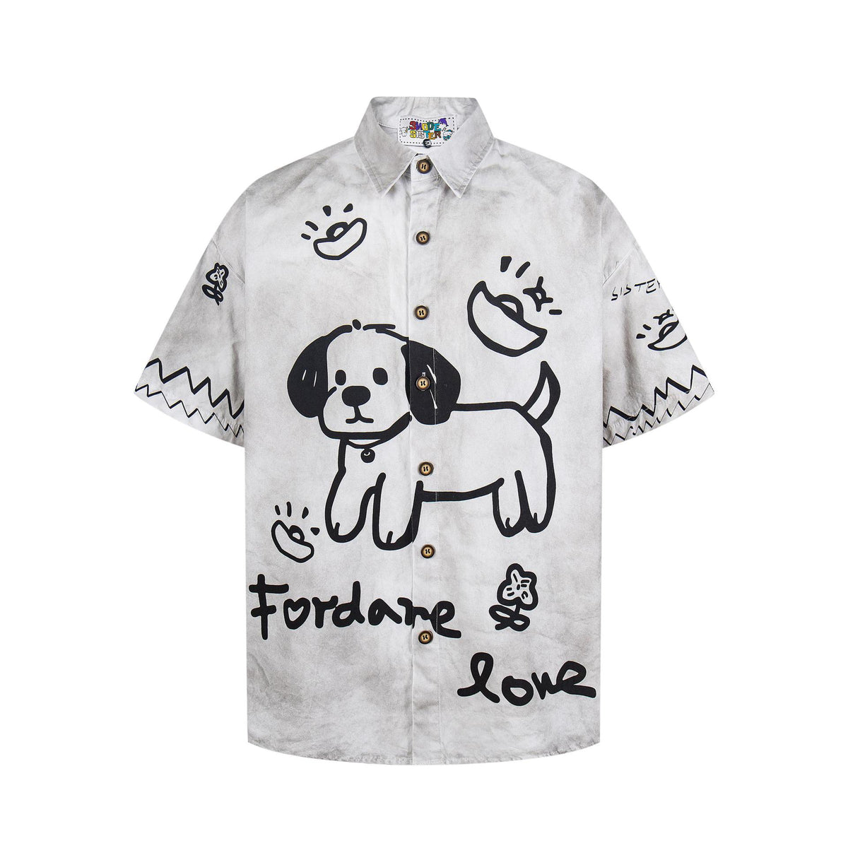 Shirt by eprolo with graffiti dog graphic on light gray fabric and black doodle prints, button-front