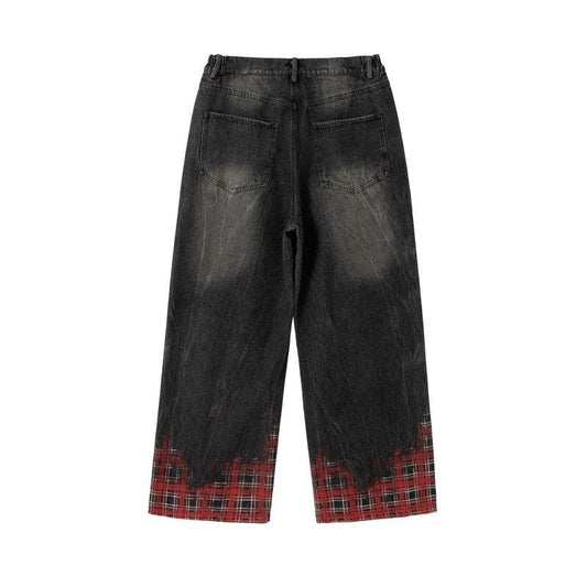 Hanging chain plaid printed loose washed wide leg denim pants by eprolo