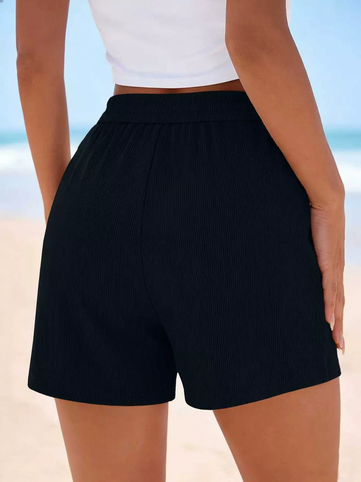 High-Waisted Shorts, black ribbed fabric, back view