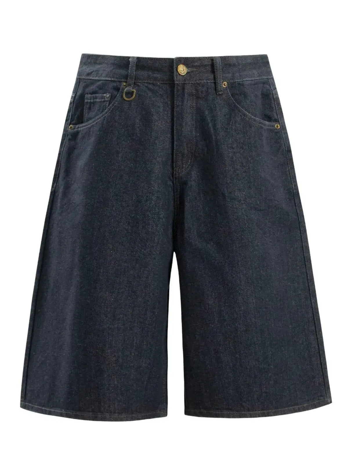 Men's loose-fit denim shorts in dark indigo cotton blend; front pockets and belt-loop details