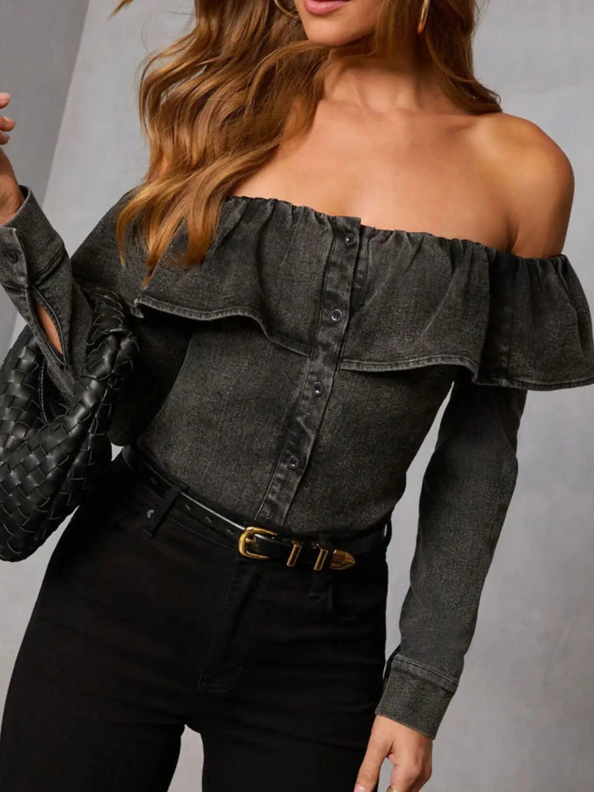 Women casual off-shoulder denim top with ruffled neckline and button-front closure in dark wash